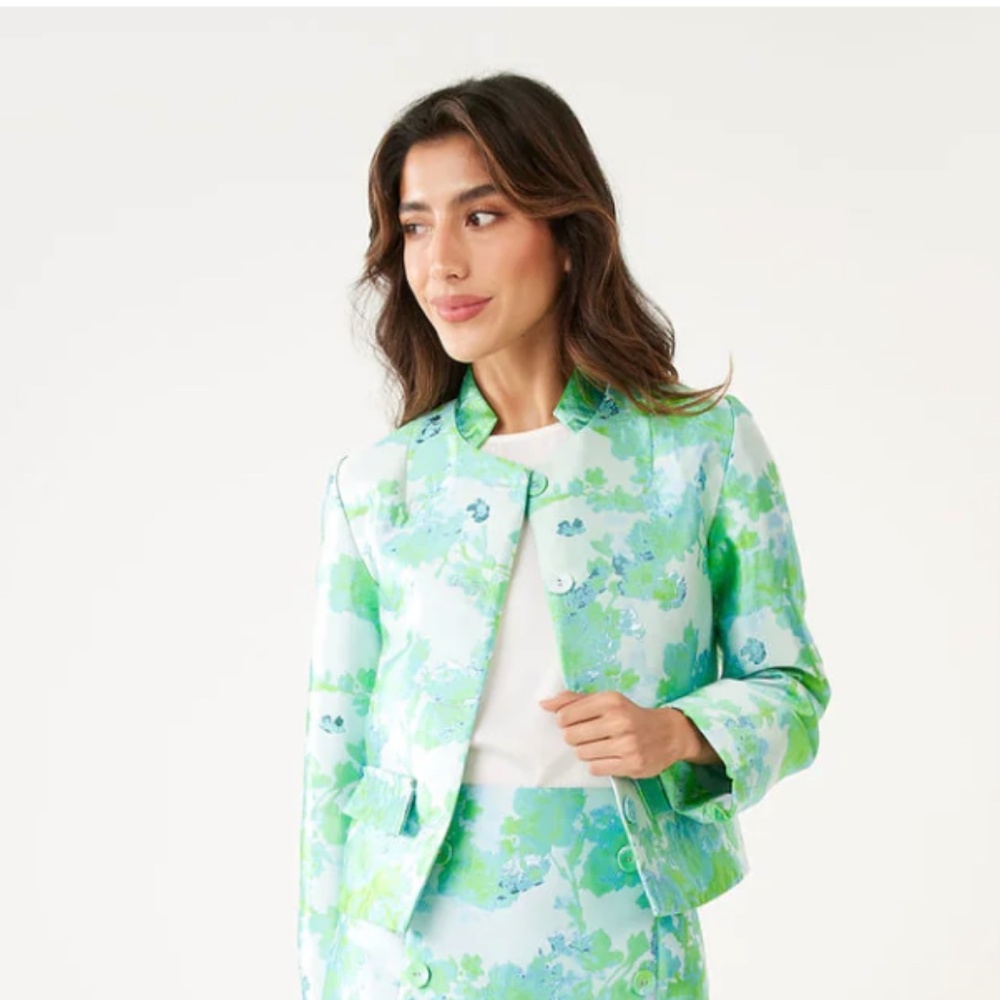Abbey Glass Onassis Jacket Green Abstract Brocade sz XS - Picture 2 of 3